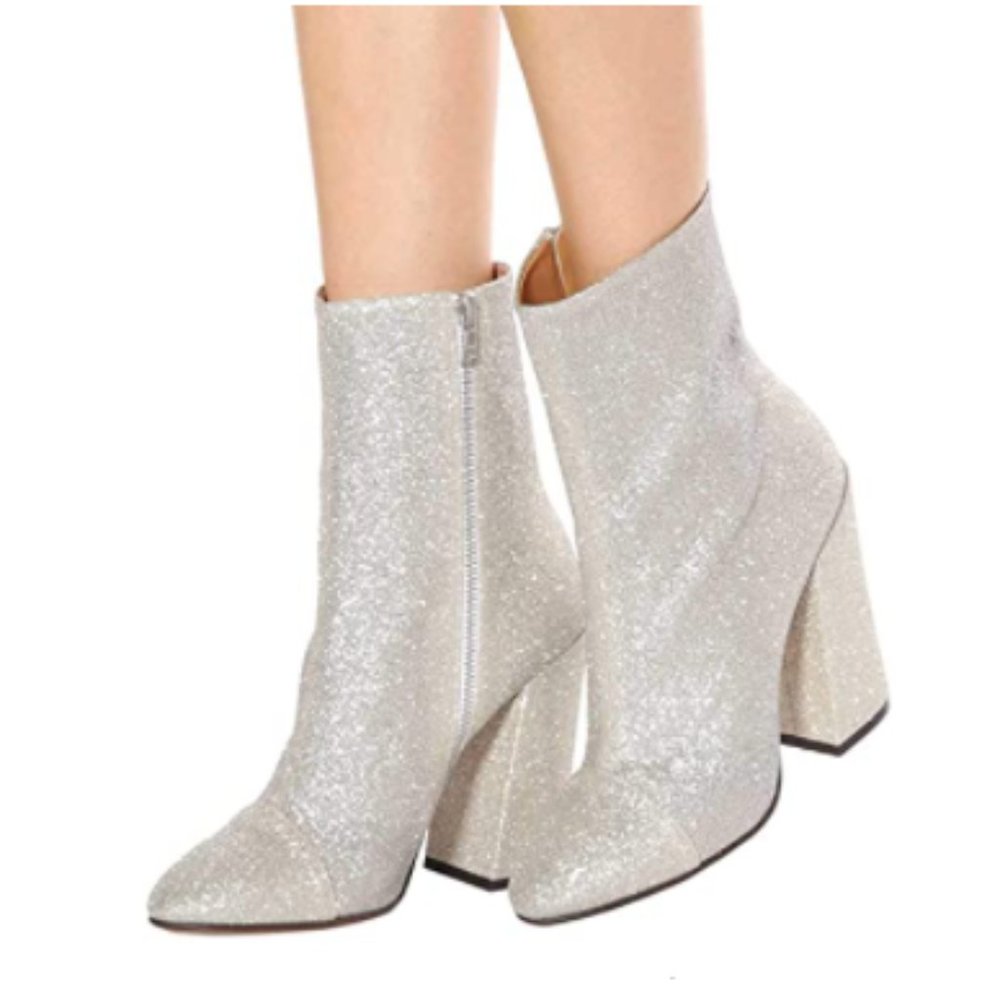 XYD Silver Glitter Block Heel Round Toe Dress Booties Shoes with Zip